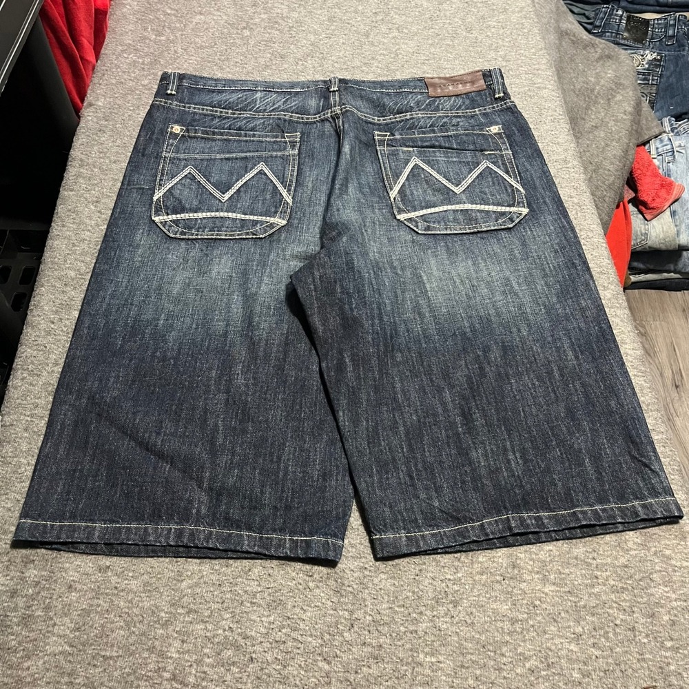 Sean John Mens Baggy Denim Shorts Blue Dark Wash Embroidered Size 38 Streetwear